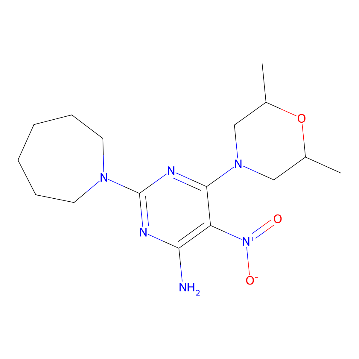 2-(Azepan-1-yl)-6-(2,6-dimethylmorpholin-4-yl)-5-nitropyrimidin-4-amine molecular structure, CAS 672916-21-1