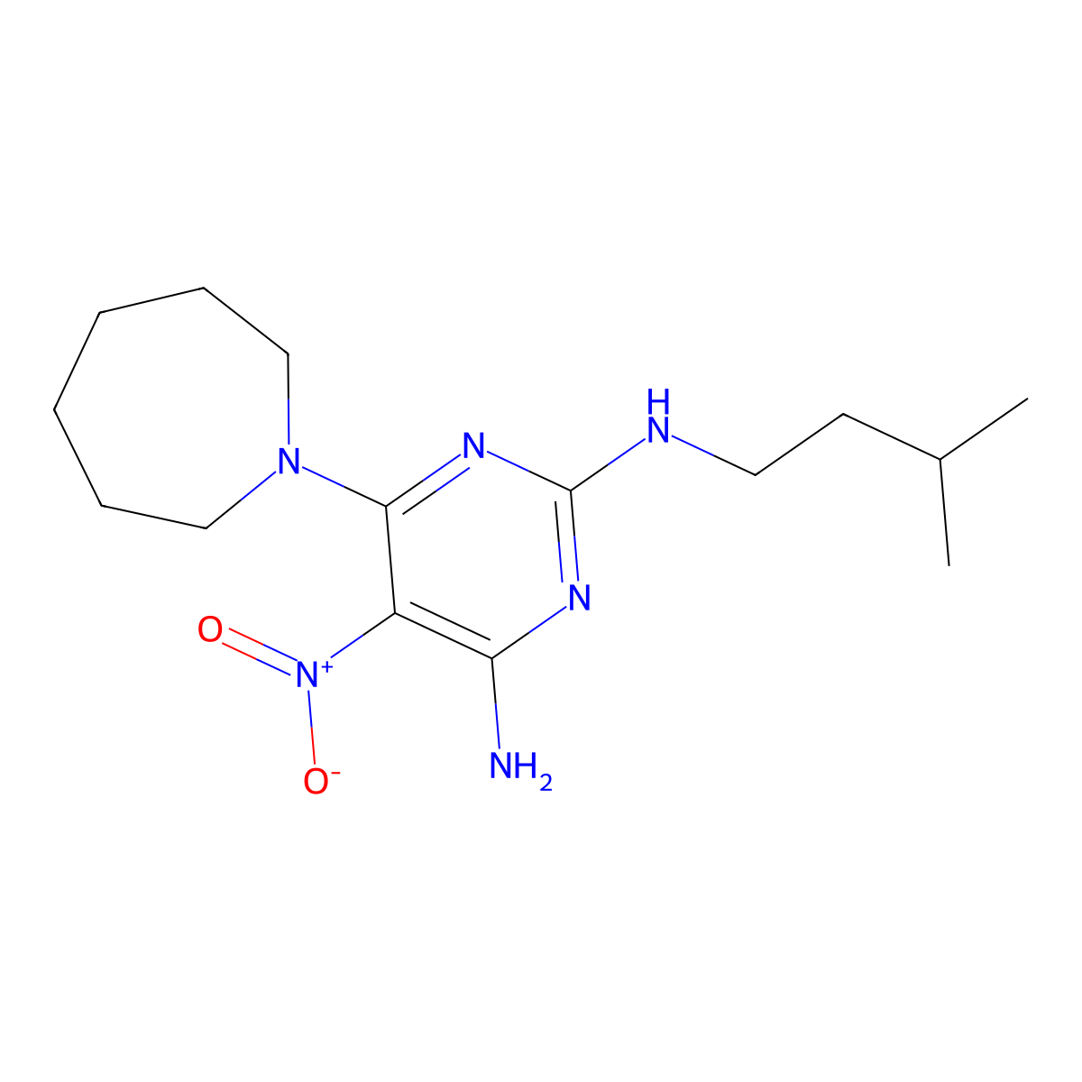 6-(azepan-1-yl)-2-N-(3-methylbutyl)-5-nitropyrimidine-2,4-diamine molecular structure, CAS 672918-04-6