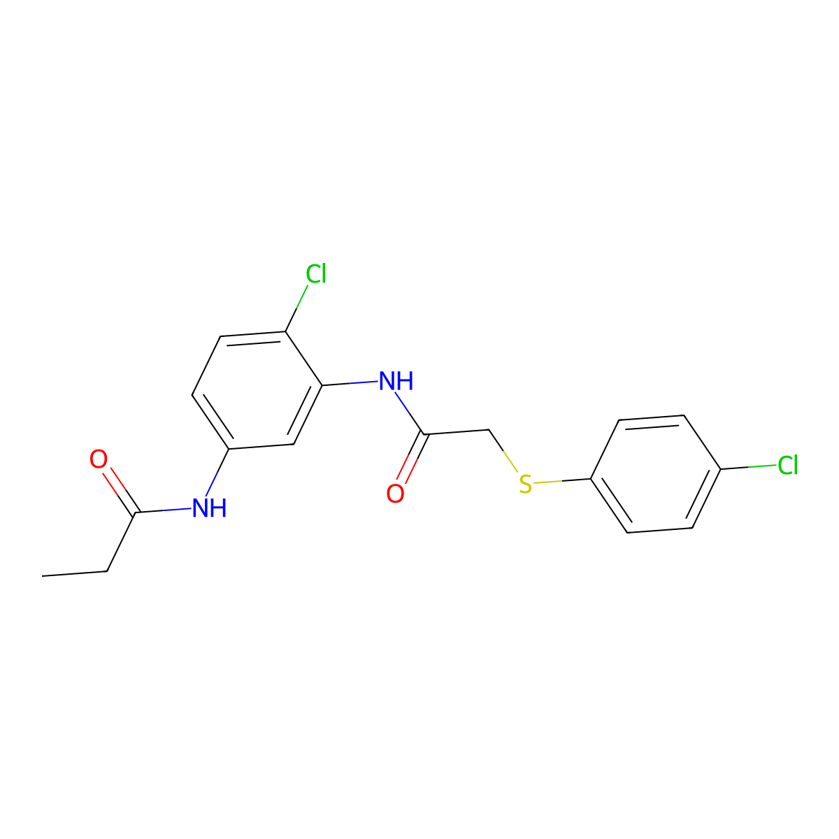 N-[4-chloro-3-[[2-(4-chlorophenyl)sulfanylacetyl]amino]phenyl]propanamide molecular structure, CAS 672918-86-4