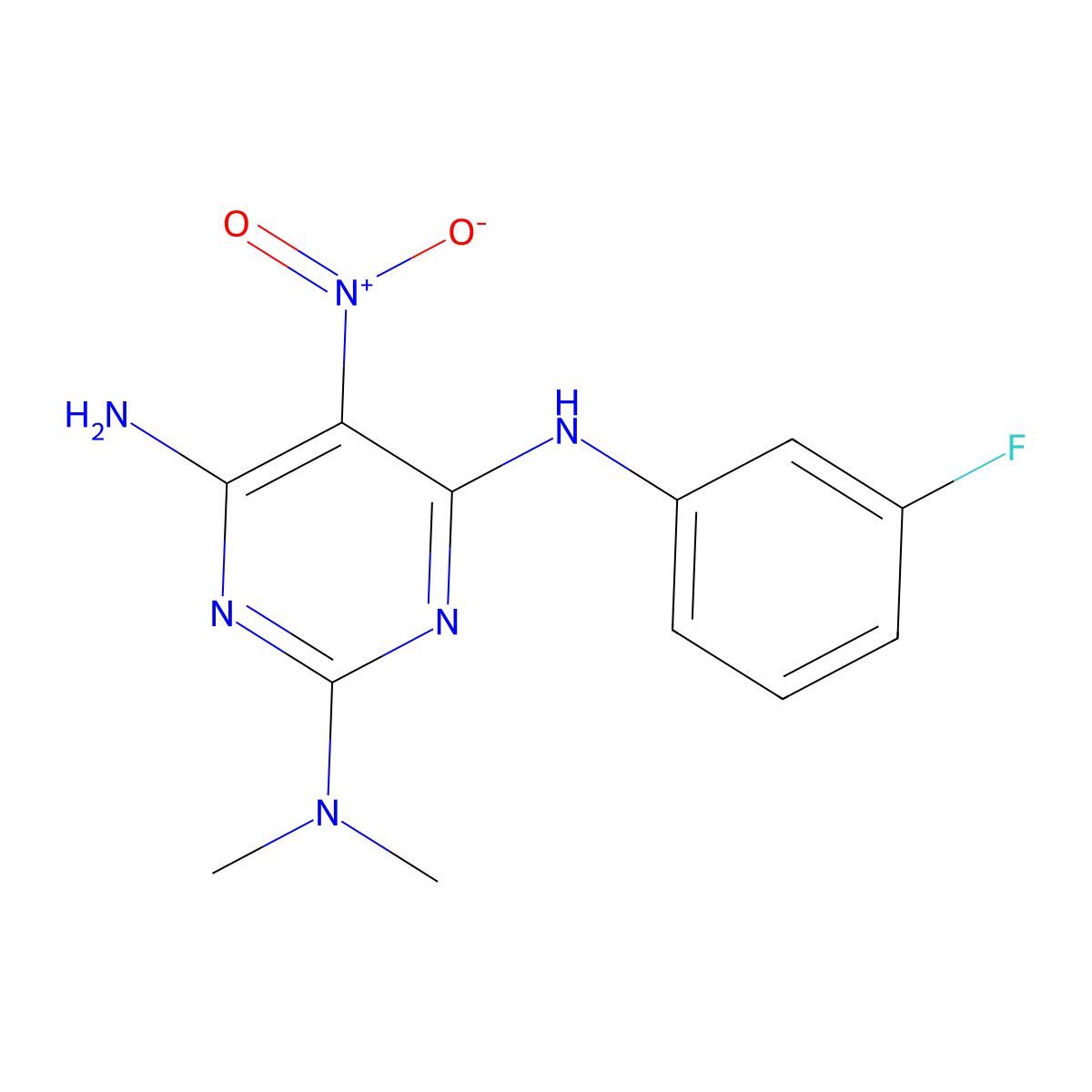 N4-(3-fluorophenyl)-N2,N2-dimethyl-5-nitropyrimidine-2,4,6-triamine molecular structure, CAS 672918-95-5