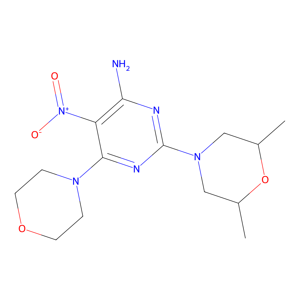 2-(2,6-Dimethylmorpholin-4-yl)-6-(morpholin-4-yl)-5-nitropyrimidin-4-amine molecular structure, CAS 672918-99-9