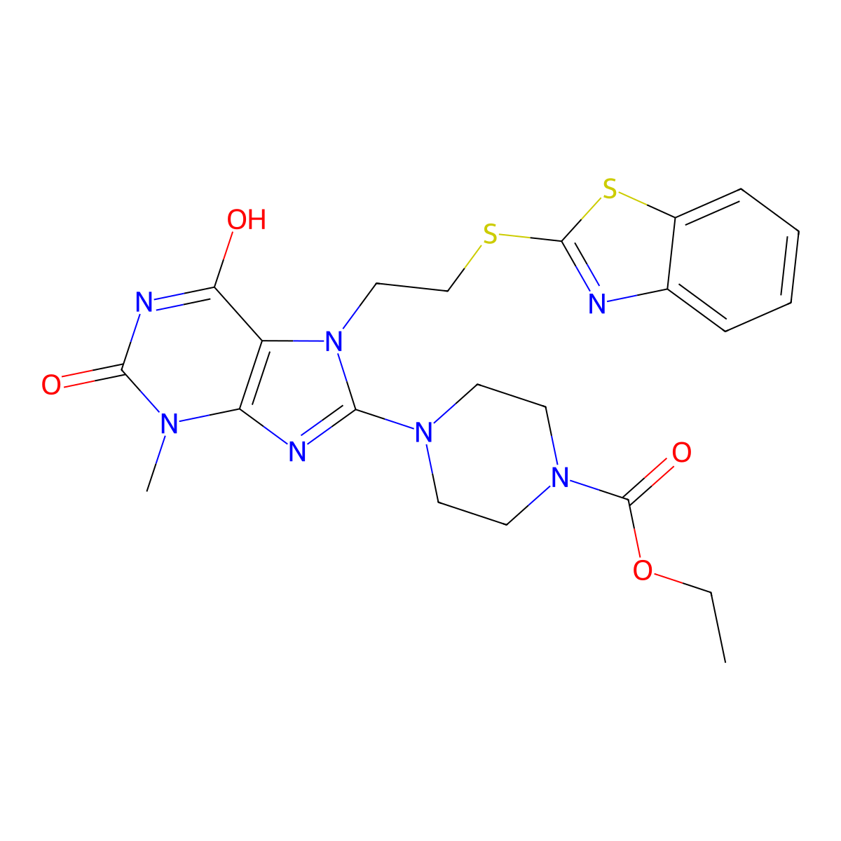 ethyl 4-(7-(2-(benzo[d]thiazol-2-ylthio)ethyl)-3-methyl-2,6-dioxo-2,3,6,7-tetrahydro-1H-purin-8-yl)piperazine-1-carboxylate molecular structure, CAS 672919-20-9