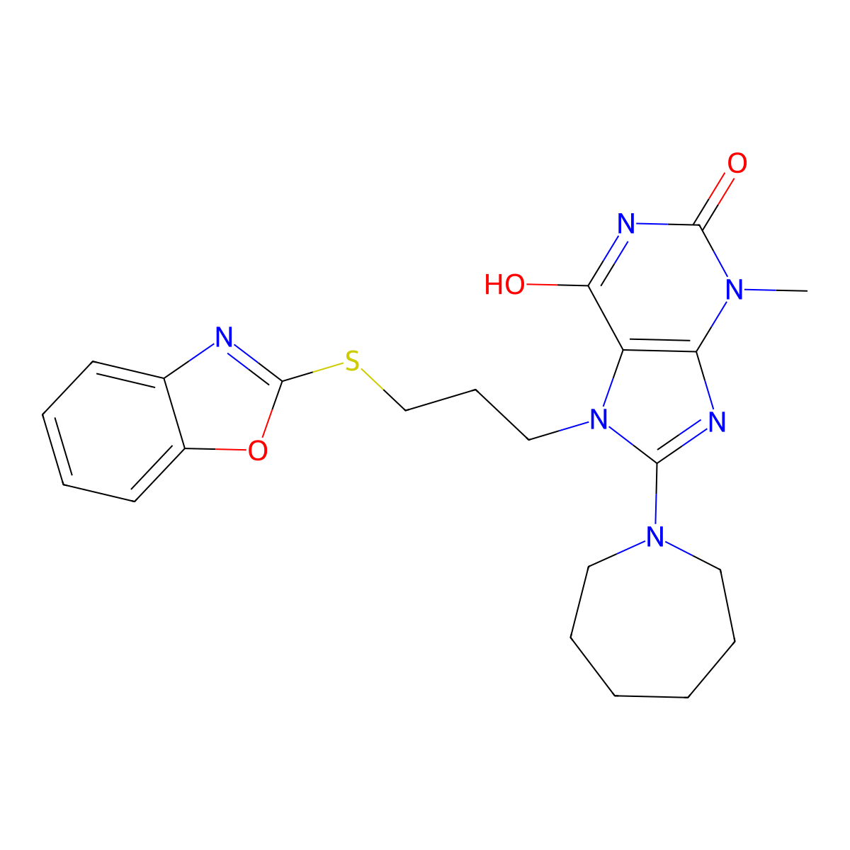 8-(Azepan-1-yl)-7-[3-(1,3-benzoxazol-2-ylsulfanyl)propyl]-3-methylpurine-2,6-dione molecular structure, CAS 672920-49-9