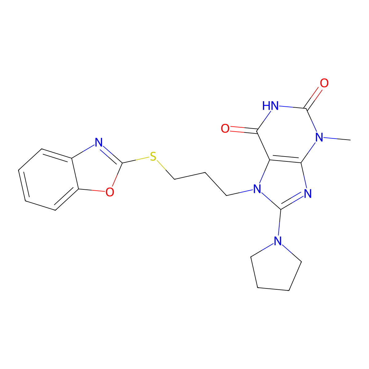 7-[3-(Benzooxazol-2-ylsulfanyl)-propyl]-3-methyl-8-pyrrolidin-1-yl-3,7-dihydro-purine-2,6-dione molecular structure, CAS 672920-99-9