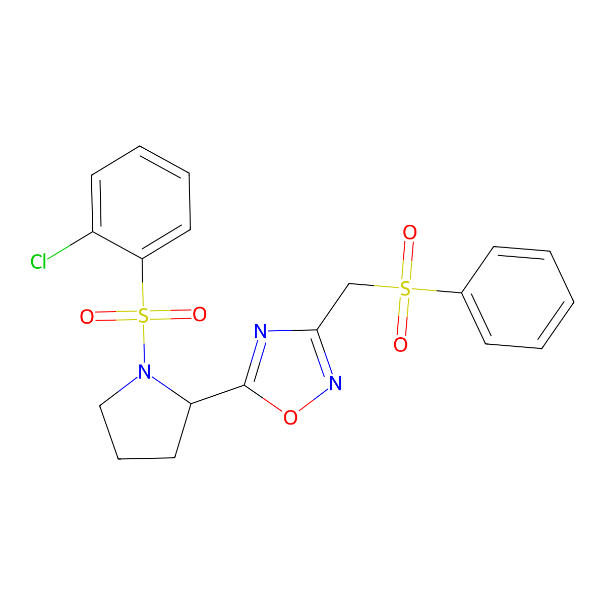 3-(Benzenesulfonylmethyl)-5-[1-(2-chlorophenyl)sulfonylpyrrolidin-2-yl]-1,2,4-oxadiazole molecular structure, CAS 672925-66-5