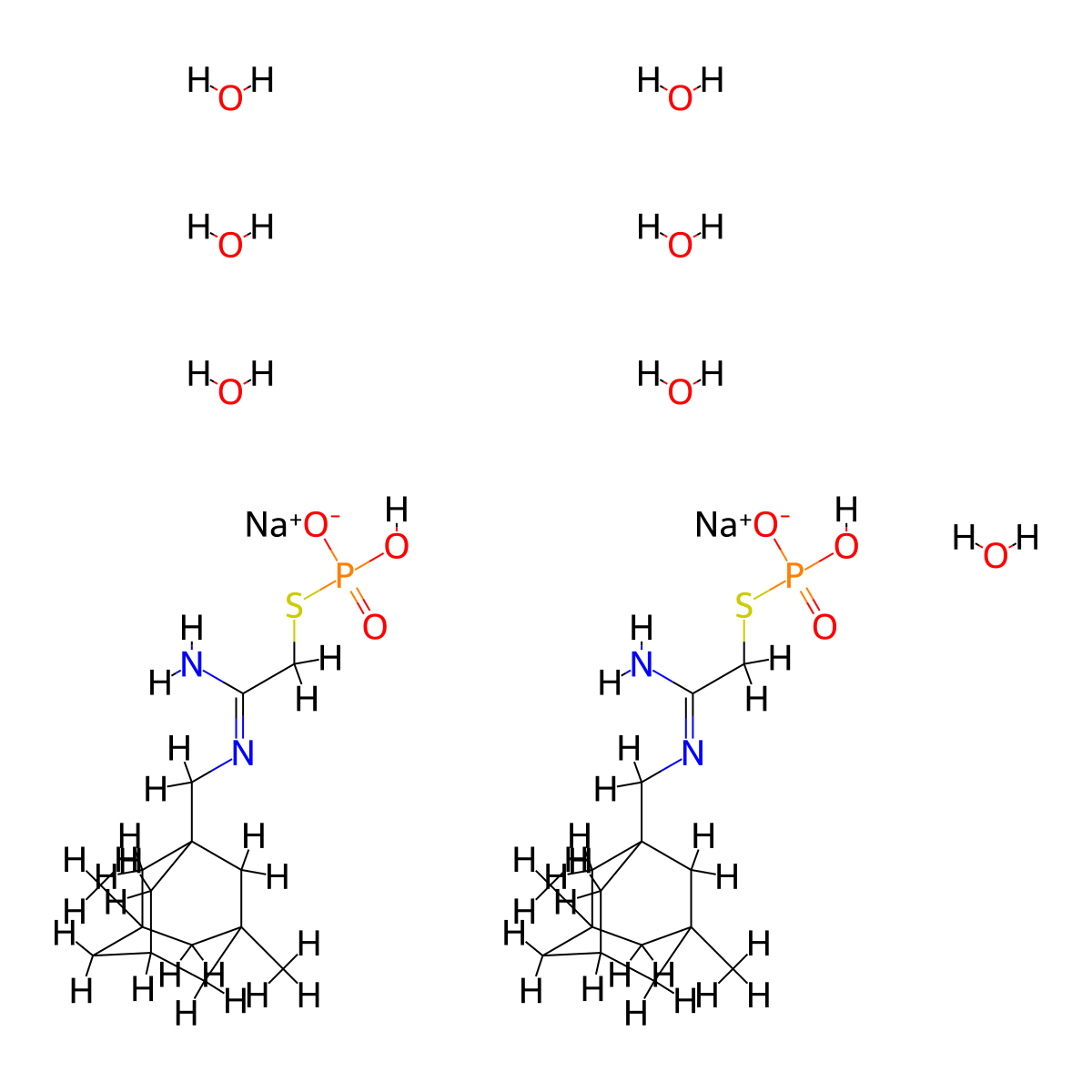 Methanethiol, N-((3,5-dimethyl)-1-adamantylmethyl)amidino-, hydrogen phosphorothioate, sodium salt, hydrate (2:2:7) molecular structure, CAS 67293-76-9