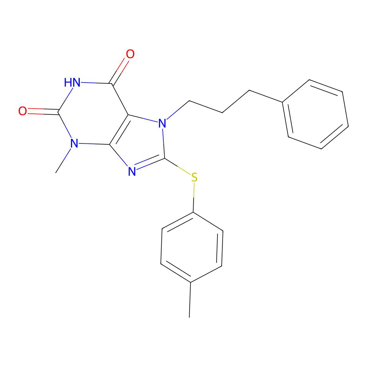 3-Methyl-8-(4-methylphenyl)sulfanyl-7-(3-phenylpropyl)purine-2,6-dione molecular structure, CAS 672933-00-5