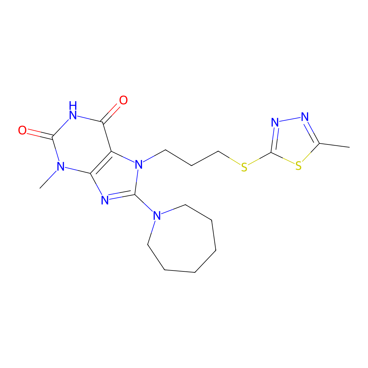 8-(azepan-1-yl)-3-methyl-7-{3-[(5-methyl-1,3,4-thiadiazol-2-yl)sulfanyl]propyl}-2,3,6,7-tetrahydro-1H-purine-2,6-dione molecular structure, CAS 672935-69-2