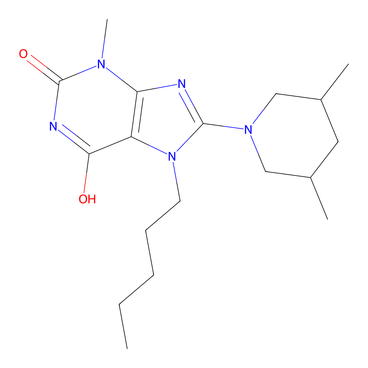 8-(3,5-dimethylpiperidin-1-yl)-3-methyl-7-pentyl-1H-purine-2,6(3H,7H)-dione molecular structure, CAS 672936-17-3