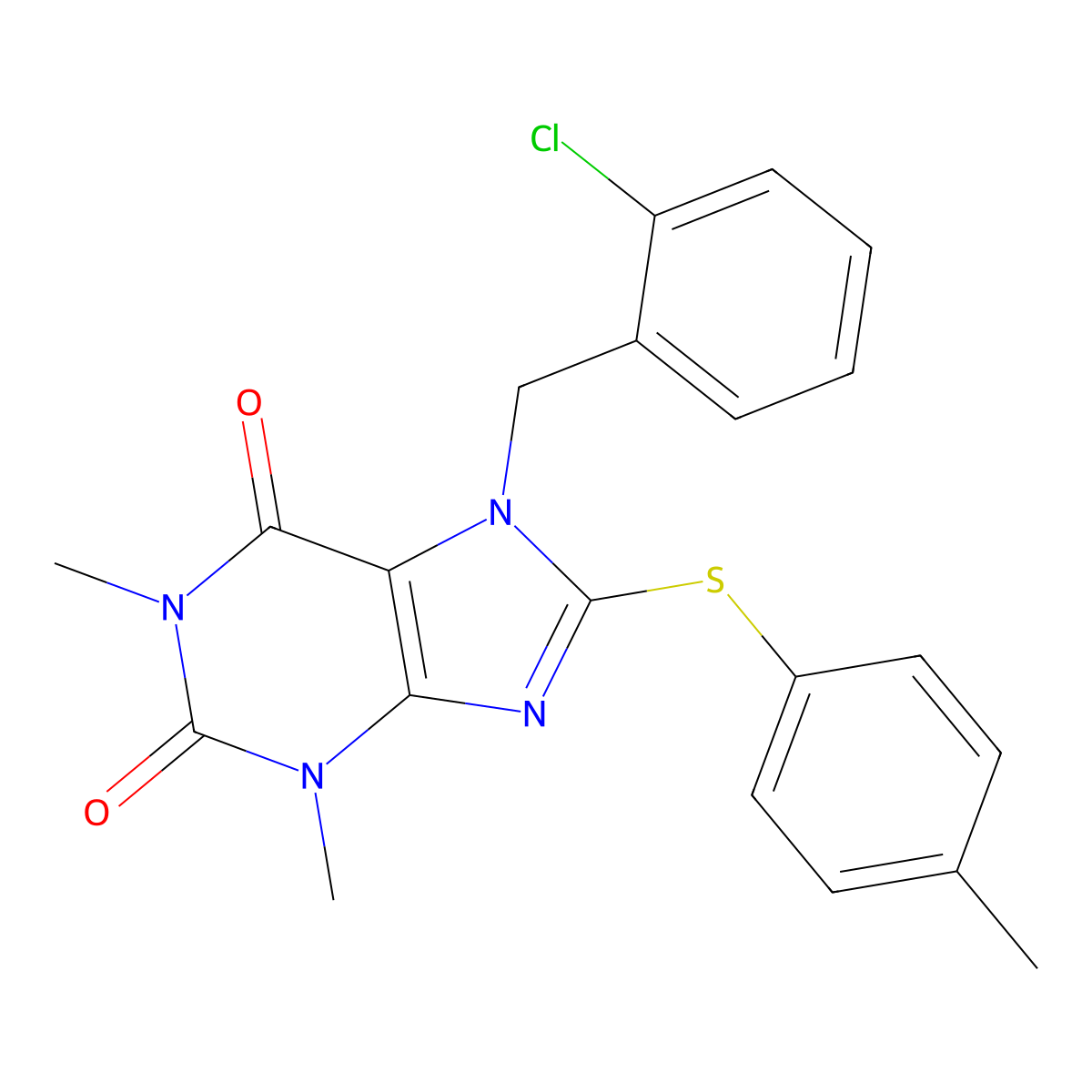 7-[(2-Chlorophenyl)methyl]-1,3-dimethyl-8-(4-methylphenyl)sulfanylpurine-2,6-dione molecular structure, CAS 672941-90-1