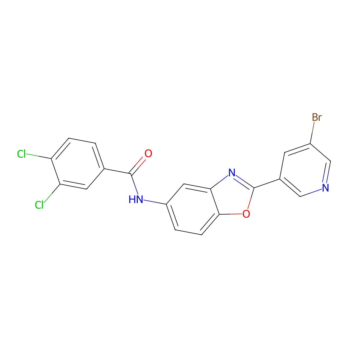 N-[2-(5-bromopyridin-3-yl)-1,3-benzoxazol-5-yl]-3,4-dichlorobenzamide molecular structure, CAS 672941-92-3