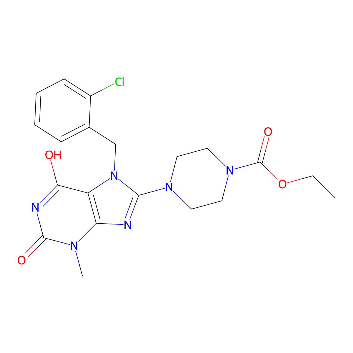 Ethyl 4-[7-[(2-chlorophenyl)methyl]-3-methyl-2,6-dioxopurin-8-yl]piperazine-1-carboxylate molecular structure, CAS 672942-07-3