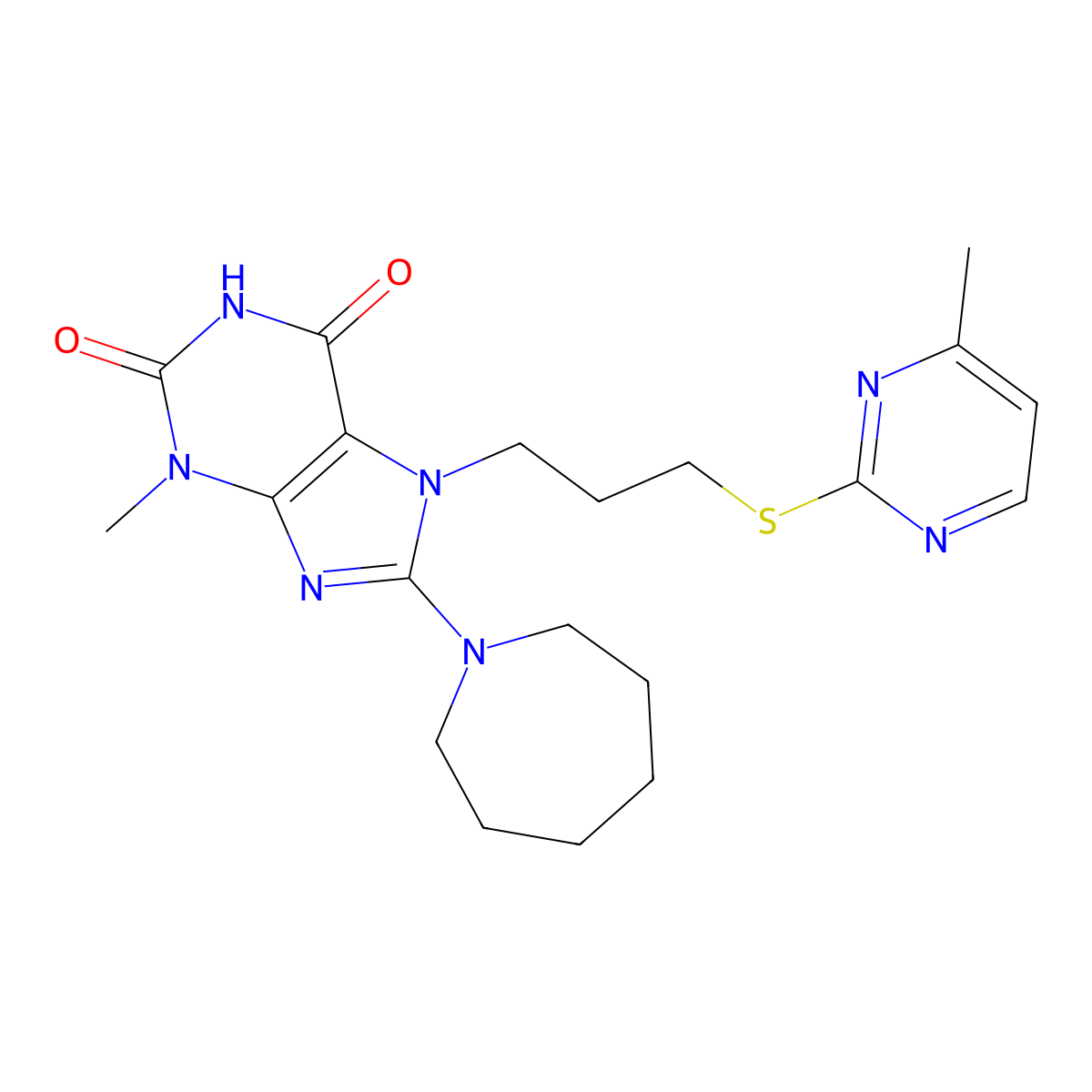 8-(Azepan-1-yl)-3-methyl-7-[3-(4-methylpyrimidin-2-yl)sulfanylpropyl]purine-2,6-dione molecular structure, CAS 672942-19-7