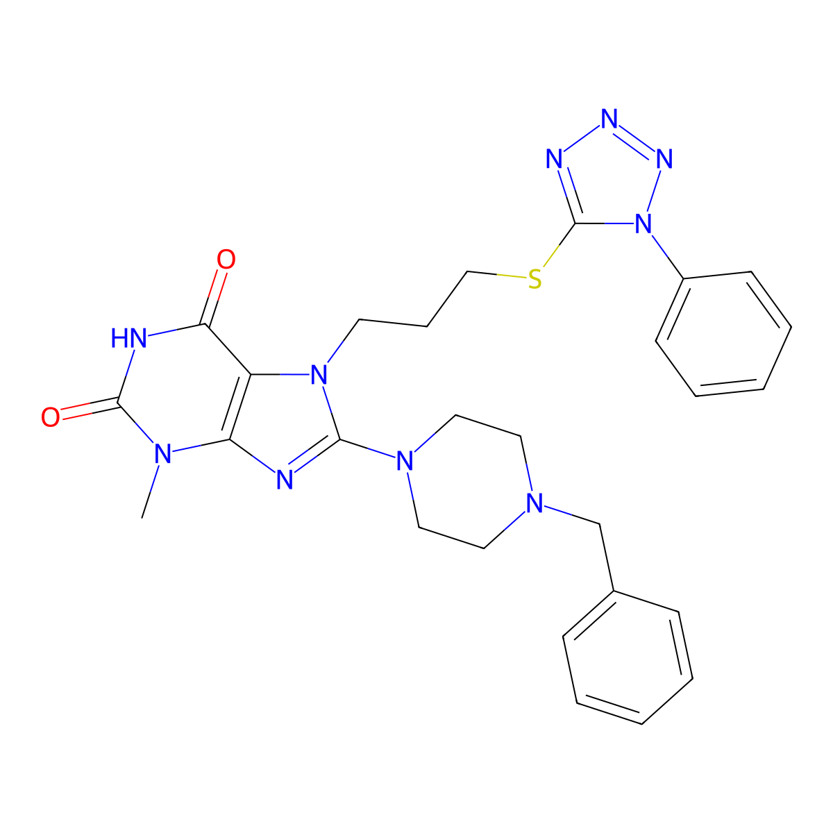 8-(4-Benzylpiperazin-1-yl)-3-methyl-7-[3-(1-phenyltetrazol-5-yl)sulfanylpropyl]purine-2,6-dione molecular structure, CAS 672942-48-2