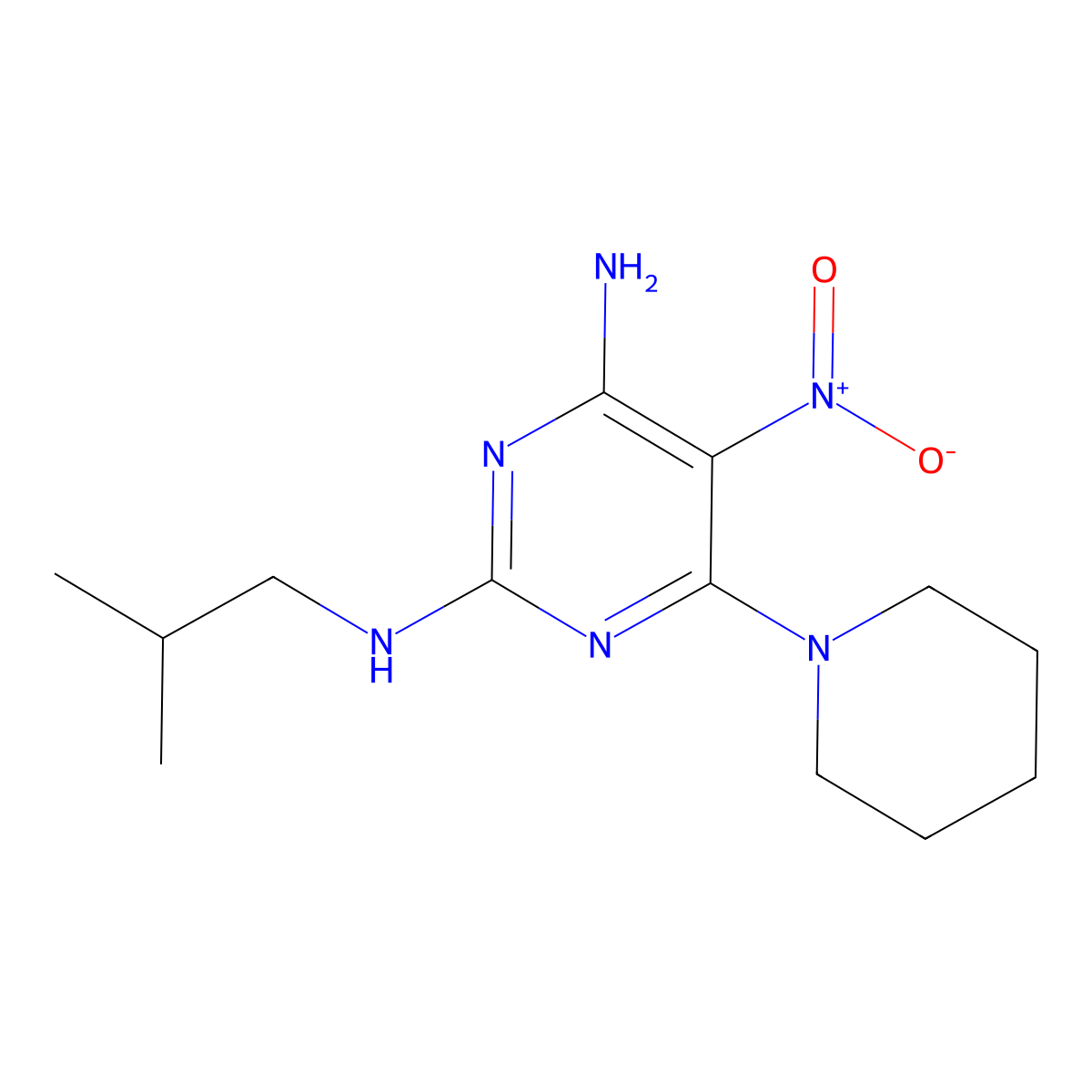 N2-isobutyl-5-nitro-6-(piperidin-1-yl)pyrimidine-2,4-diamine molecular structure, CAS 672943-18-9