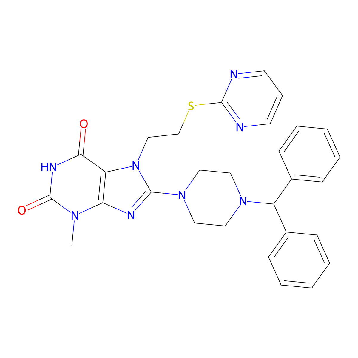 8-(4-Benzhydrylpiperazin-1-yl)-3-methyl-7-(2-pyrimidin-2-ylsulfanylethyl)purine-2,6-dione molecular structure, CAS 672943-26-9