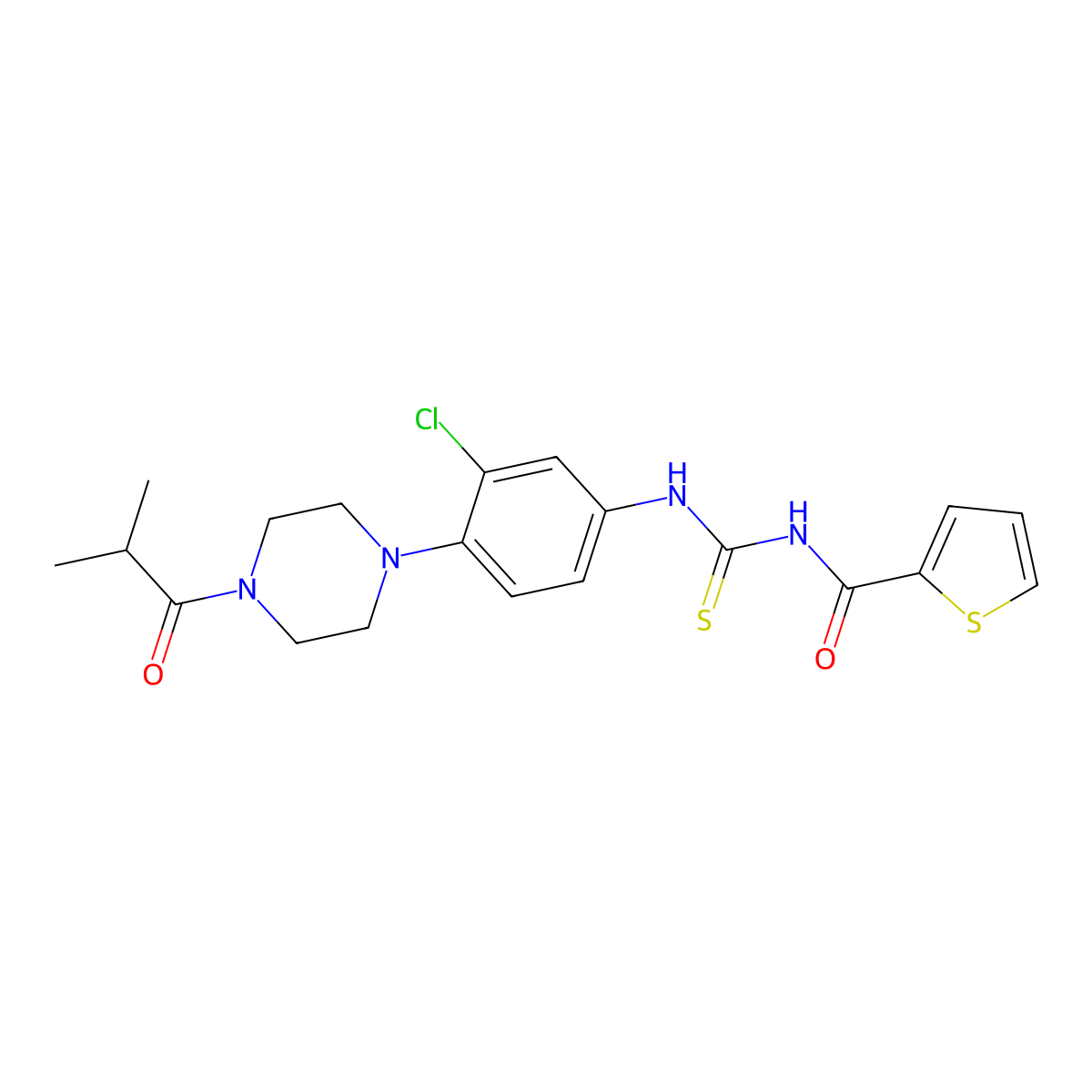 N-[[3-chloro-4-[4-(2-methylpropanoyl)piperazin-1-yl]phenyl]carbamothioyl]thiophene-2-carboxamide molecular structure, CAS 672944-26-2