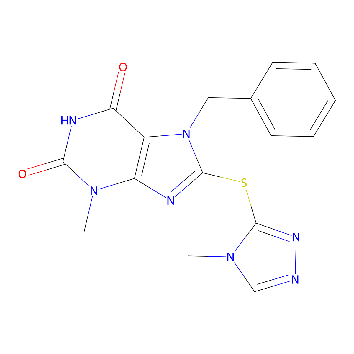 7-Benzyl-3-methyl-8-[(4-methyl-1,2,4-triazol-3-yl)sulfanyl]purine-2,6-dione molecular structure, CAS 672944-39-7