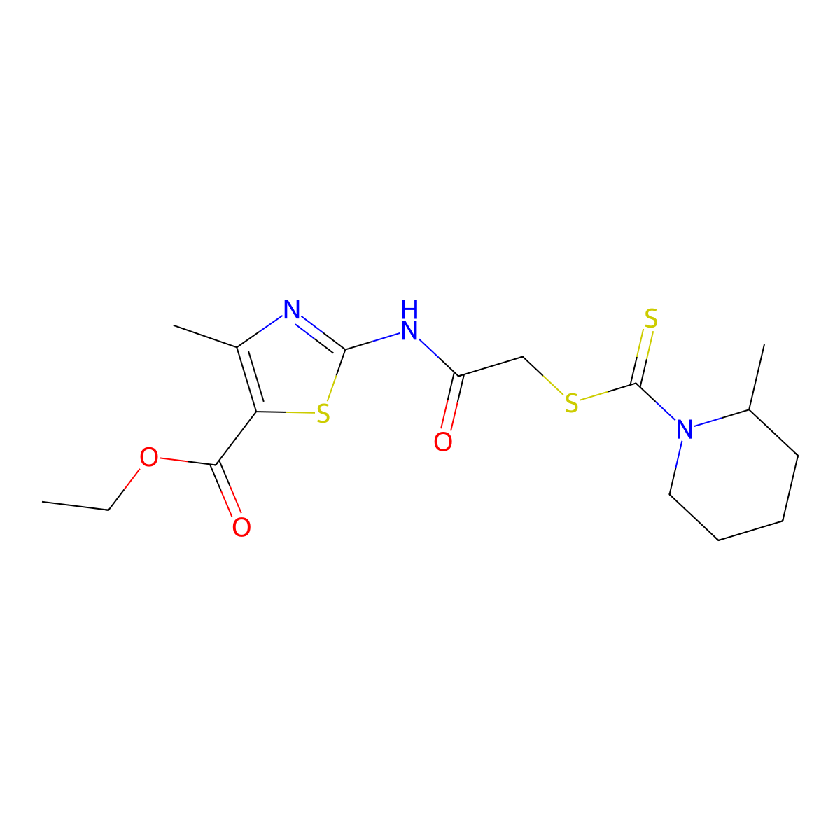 Ethyl 4-methyl-2-[({[(2-methylpiperidin-1-yl)carbonothioyl]sulfanyl}acetyl)amino]-1,3-thiazole-5-carboxylate molecular structure, CAS 672944-45-5