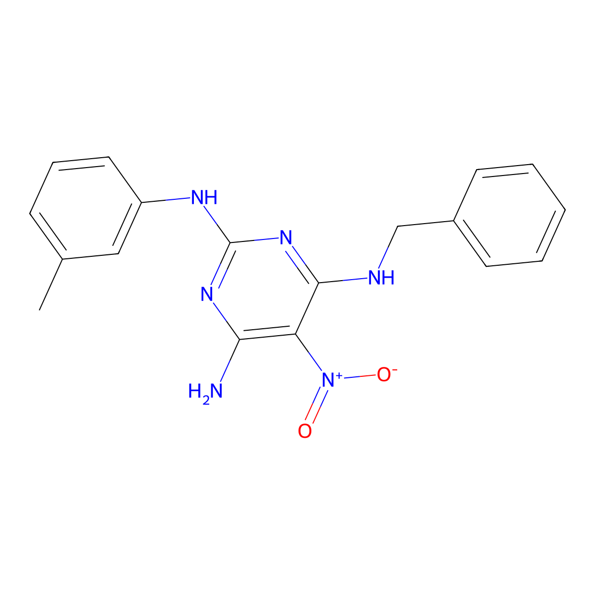 4-N-benzyl-2-N-(3-methylphenyl)-5-nitropyrimidine-2,4,6-triamine molecular structure, CAS 672944-59-1