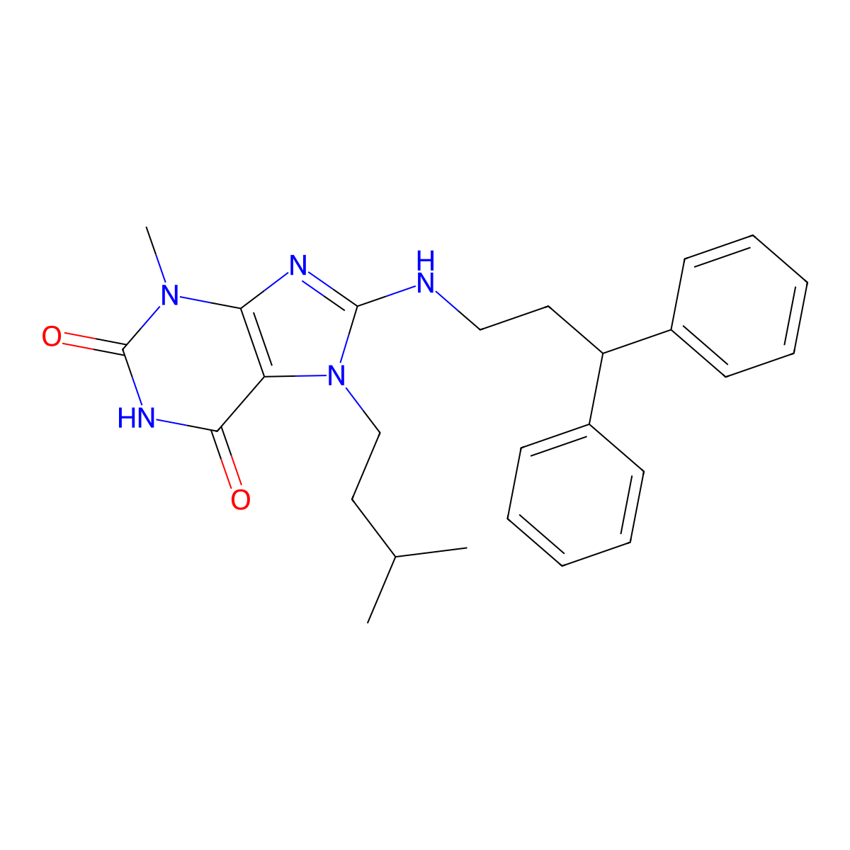 8-(3,3-Diphenylpropylamino)-3-methyl-7-(3-methylbutyl)purine-2,6-dione molecular structure, CAS 672944-67-1