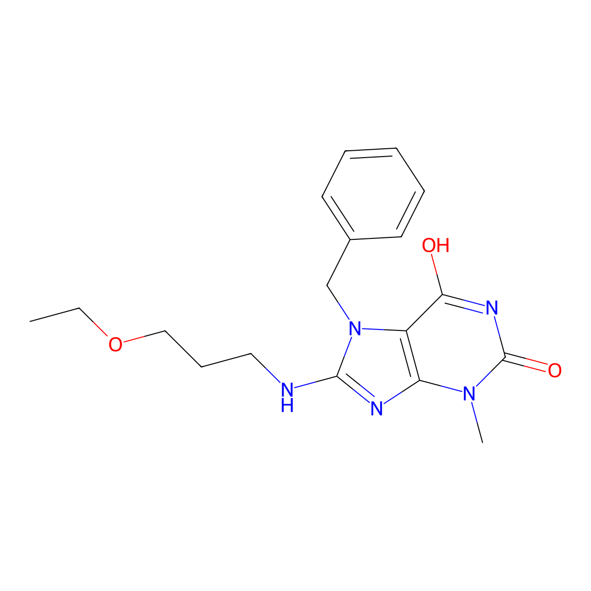 7-benzyl-8-((3-ethoxypropyl)amino)-3-methyl-1H-purine-2,6(3H,7H)-dione molecular structure, CAS 672945-02-7