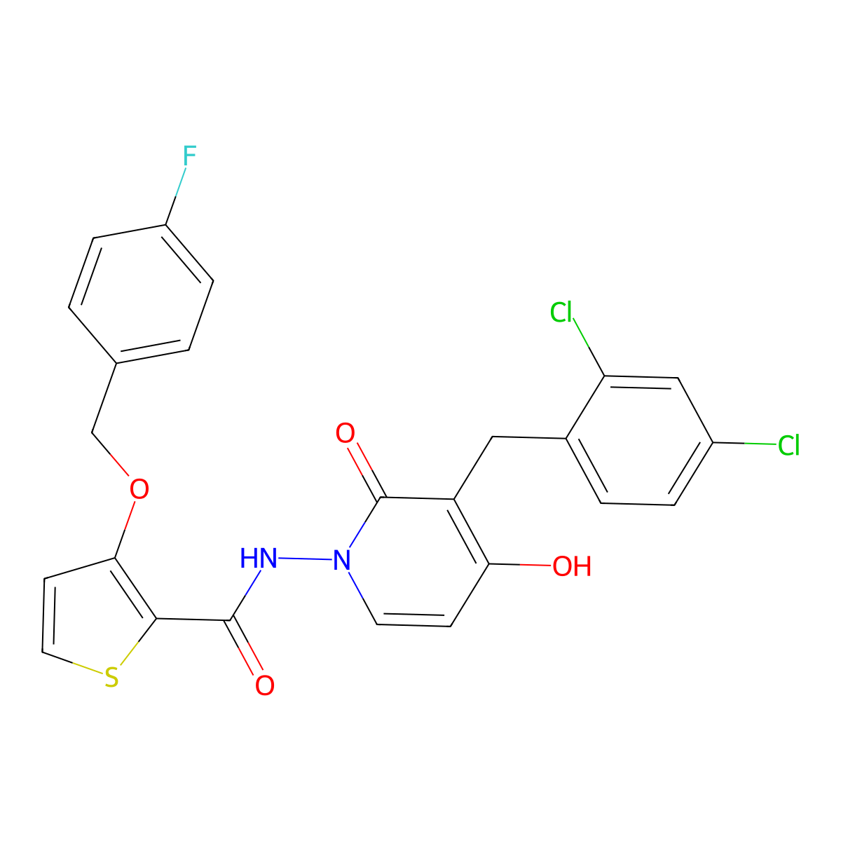 N-[3-(2,4-dichlorobenzyl)-4-hydroxy-2-oxo-1(2H)-pyridinyl]-3-[(4-fluorobenzyl)oxy]-2-thiophenecarboxamide molecular structure, CAS 672949-10-9