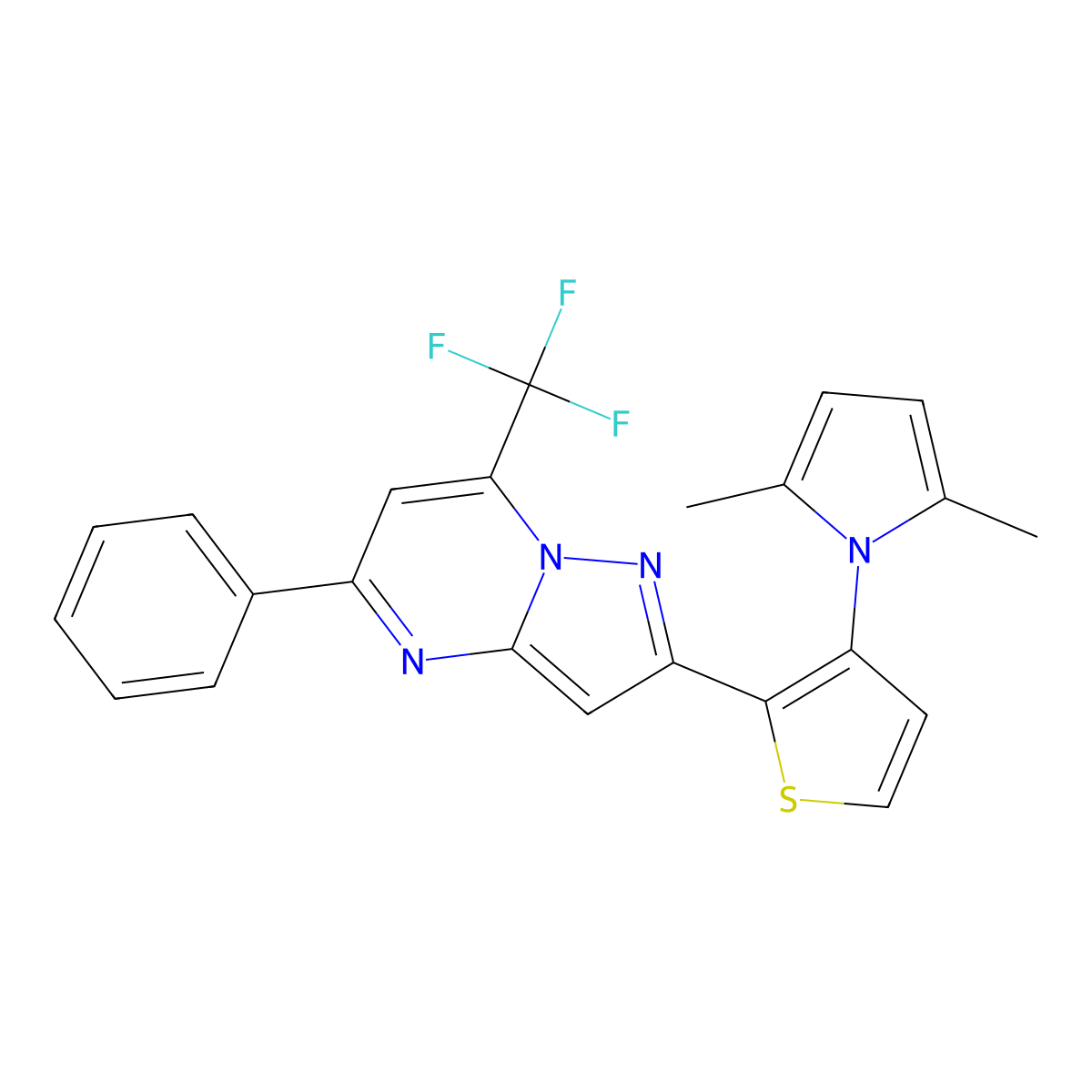 2-[3-(2,5-dimethyl-1H-pyrrol-1-yl)-2-thienyl]-5-phenyl-7-(trifluoromethyl)pyrazolo[1,5-a]pyrimidine molecular structure, CAS 672949-47-2