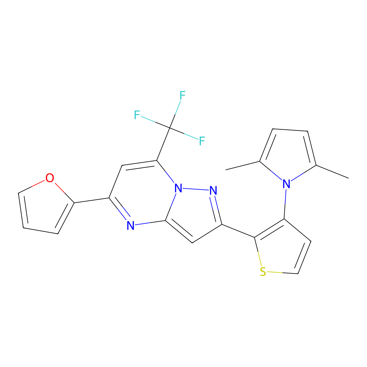 2-[3-(2,5-dimethyl-1H-pyrrol-1-yl)-2-thienyl]-5-(2-furyl)-7-(trifluoromethyl)pyrazolo[1,5-a]pyrimidine molecular structure, CAS 672949-49-4