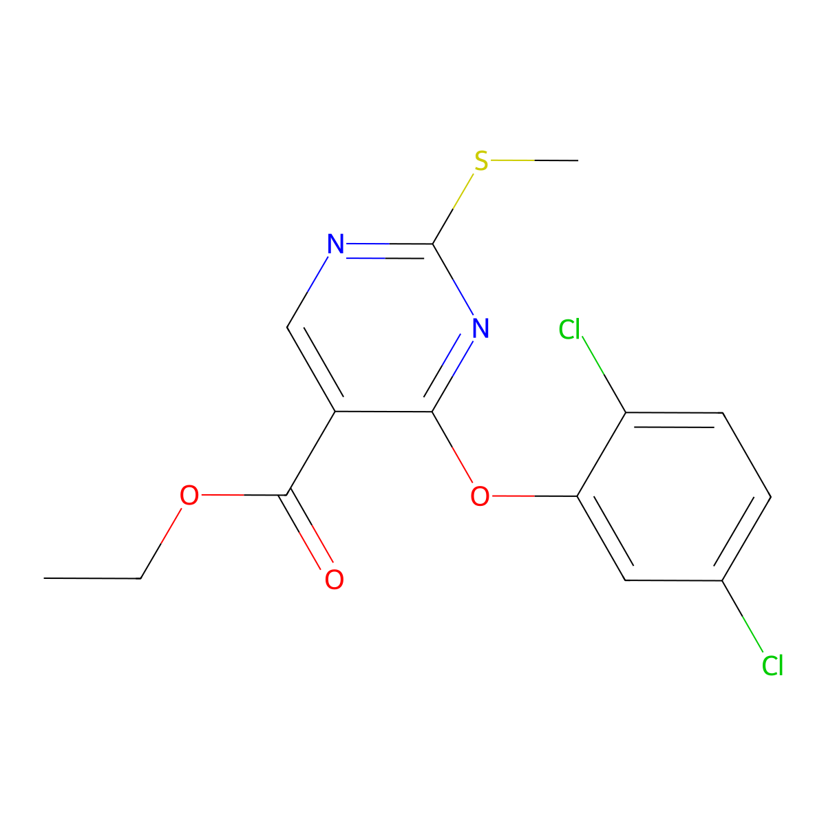 Ethyl 4-(2,5-dichlorophenoxy)-2-(methylsulfanyl)-5-pyrimidinecarboxylate molecular structure, CAS 672950-43-5