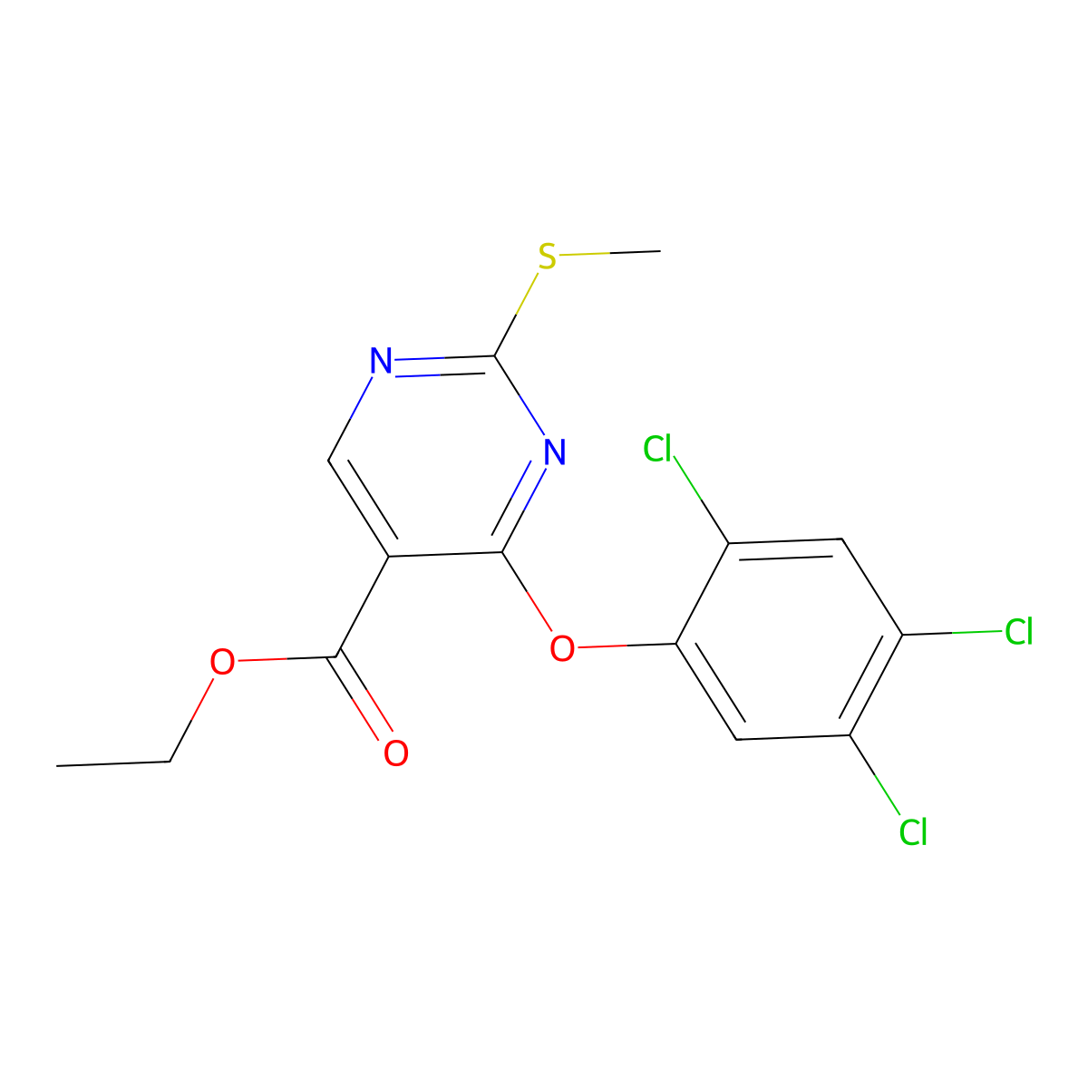 Ethyl 2-(methylsulfanyl)-4-(2,4,5-trichlorophenoxy)-5-pyrimidinecarboxylate molecular structure, CAS 672950-47-9