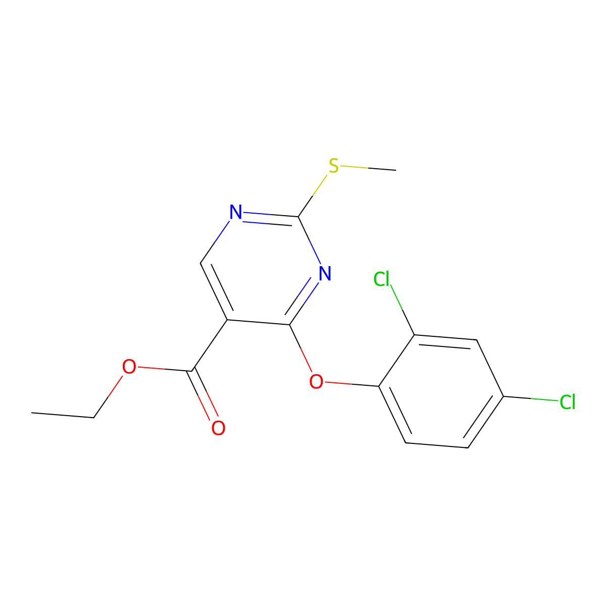 Ethyl 4-(2,4-dichlorophenoxy)-2-(methylsulfanyl)-5-pyrimidinecarboxylate molecular structure, CAS 672950-48-0