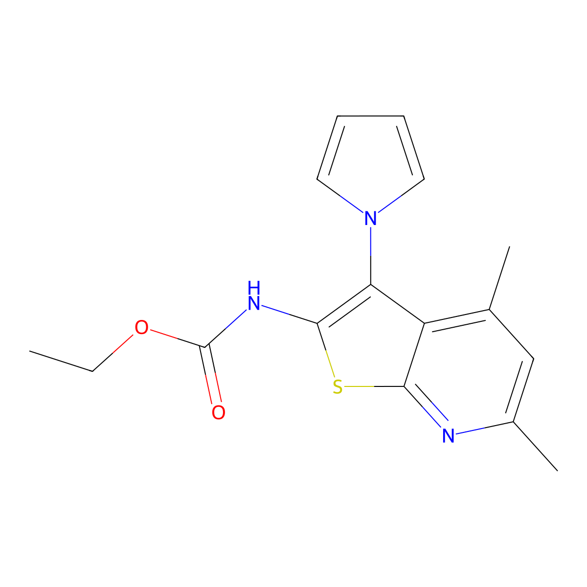 ethyl N-[4,6-dimethyl-3-(1H-pyrrol-1-yl)thieno[2,3-b]pyridin-2-yl]carbamate molecular structure, CAS 672950-50-4