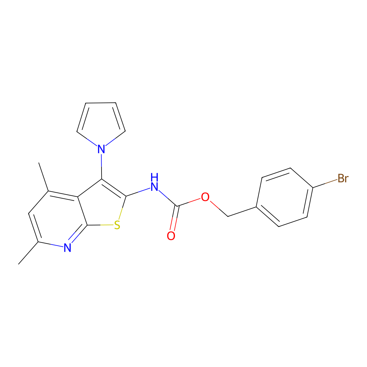 4-bromobenzyl N-[4,6-dimethyl-3-(1H-pyrrol-1-yl)thieno[2,3-b]pyridin-2-yl]carbamate molecular structure, CAS 672950-52-6