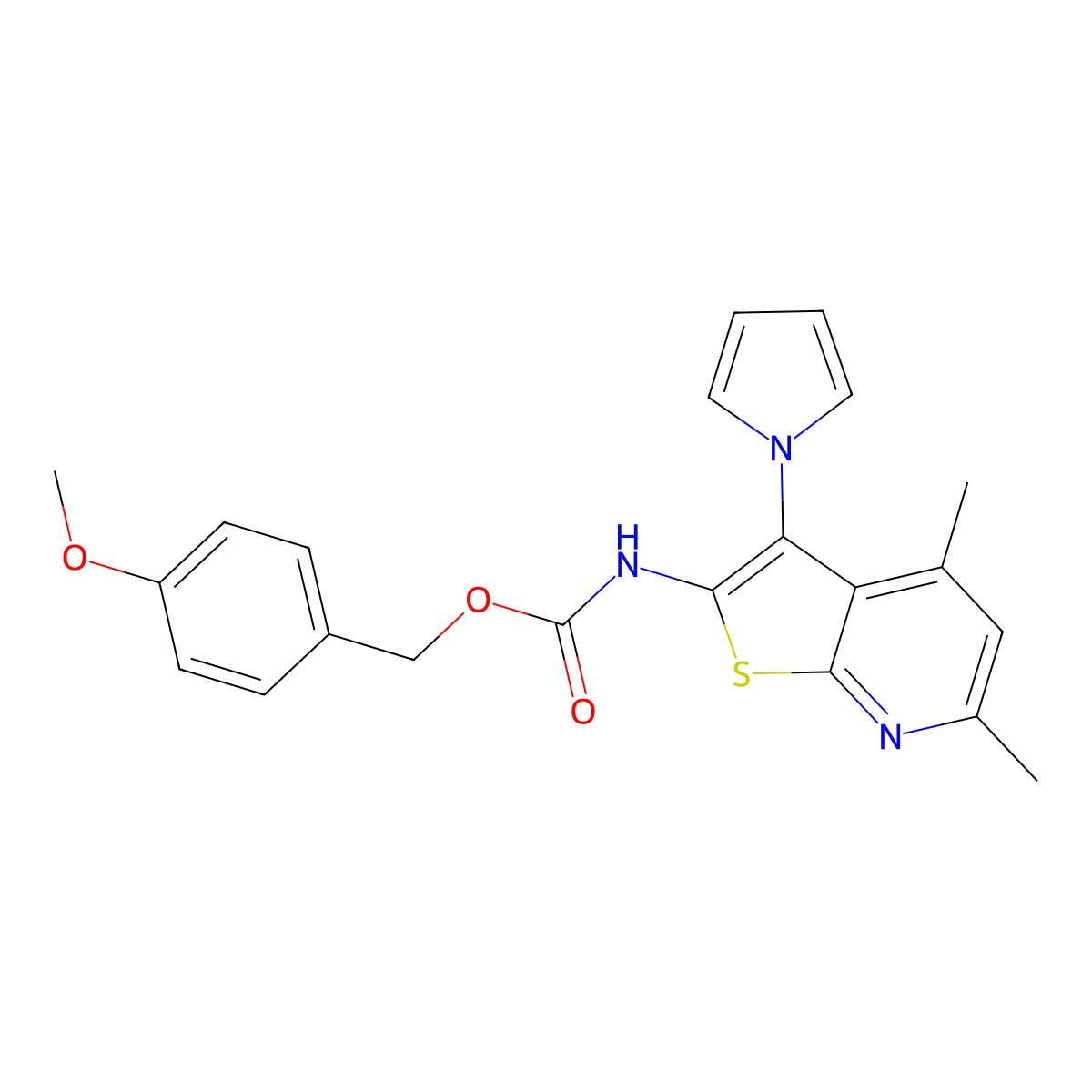 4-methoxybenzyl N-[4,6-dimethyl-3-(1H-pyrrol-1-yl)thieno[2,3-b]pyridin-2-yl]carbamate molecular structure, CAS 672950-53-7
