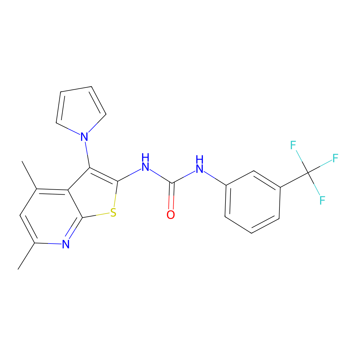 N-[4,6-dimethyl-3-(1H-pyrrol-1-yl)thieno[2,3-b]pyridin-2-yl]-N'-[3-(trifluoromethyl)phenyl]urea molecular structure, CAS 672950-55-9
