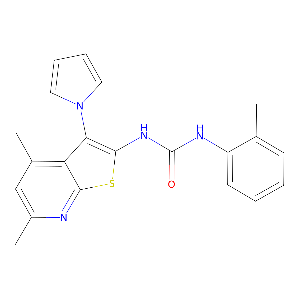 N-[4,6-dimethyl-3-(1H-pyrrol-1-yl)thieno[2,3-b]pyridin-2-yl]-N'-(2-methylphenyl)urea molecular structure, CAS 672950-56-0