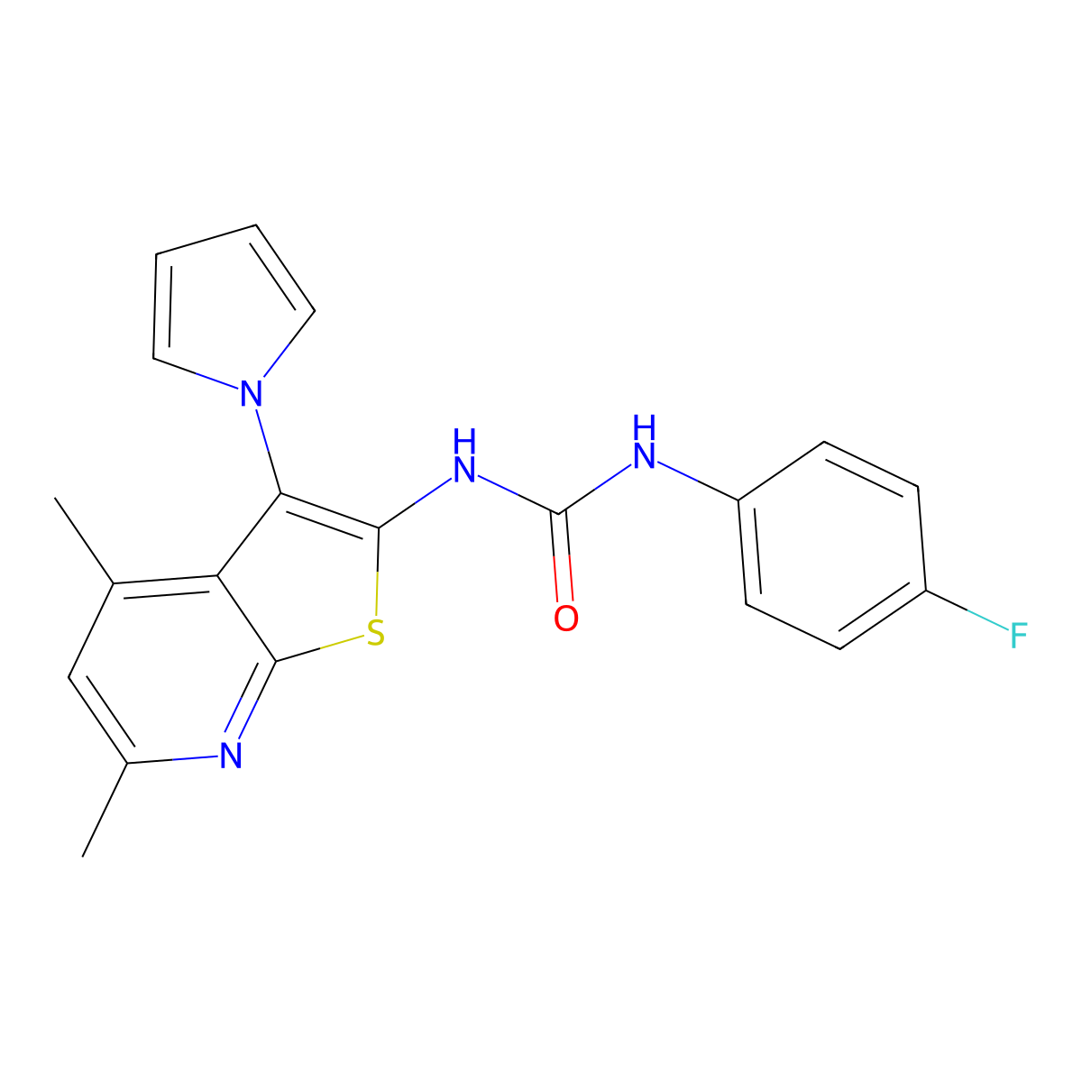 N-[4,6-dimethyl-3-(1H-pyrrol-1-yl)thieno[2,3-b]pyridin-2-yl]-N'-(4-fluorophenyl)urea molecular structure, CAS 672950-57-1