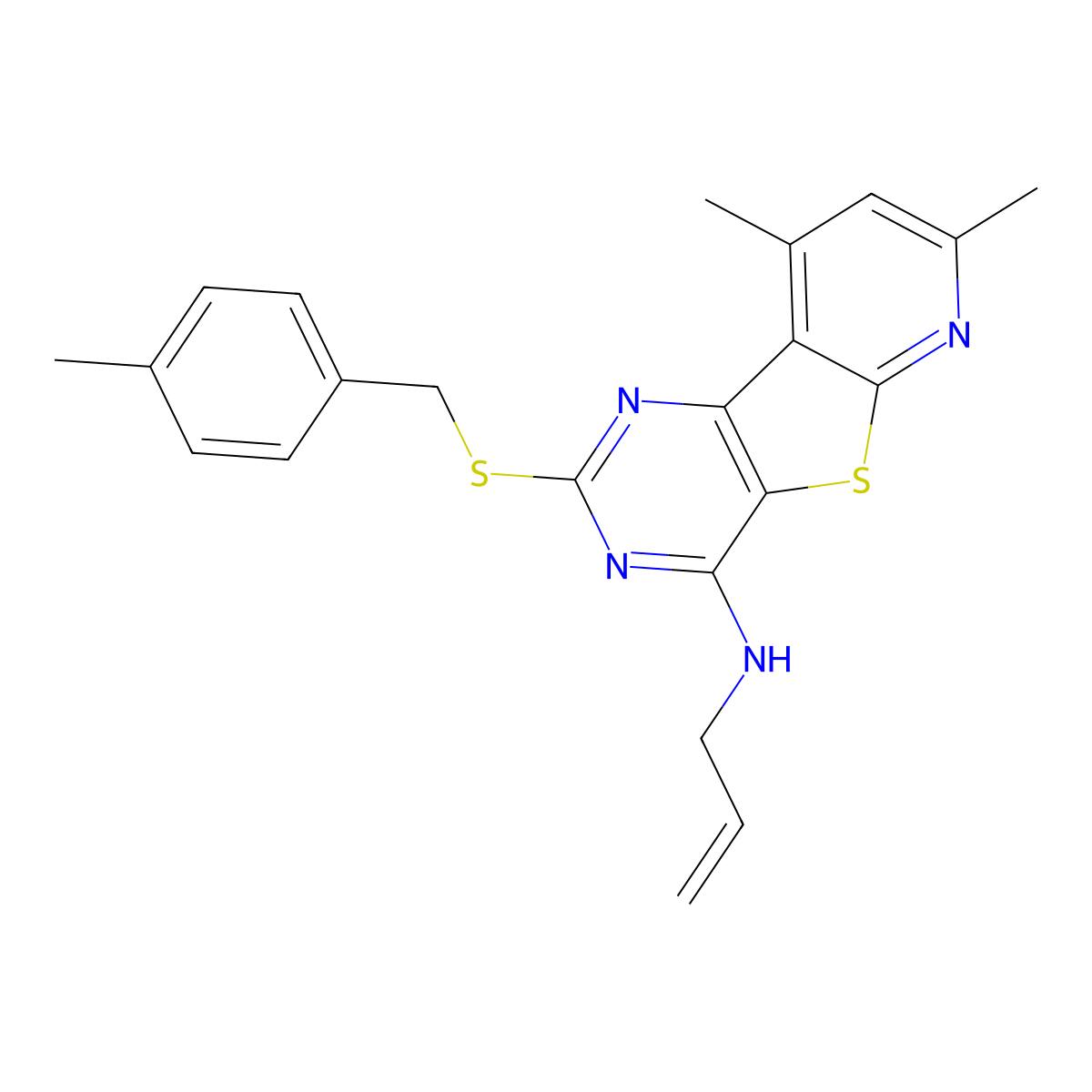 N-allyl-7,9-dimethyl-2-[(4-methylbenzyl)sulfanyl]pyrido[3',2':4,5]thieno[3,2-d]pyrimidin-4-amine molecular structure, CAS 672950-71-9