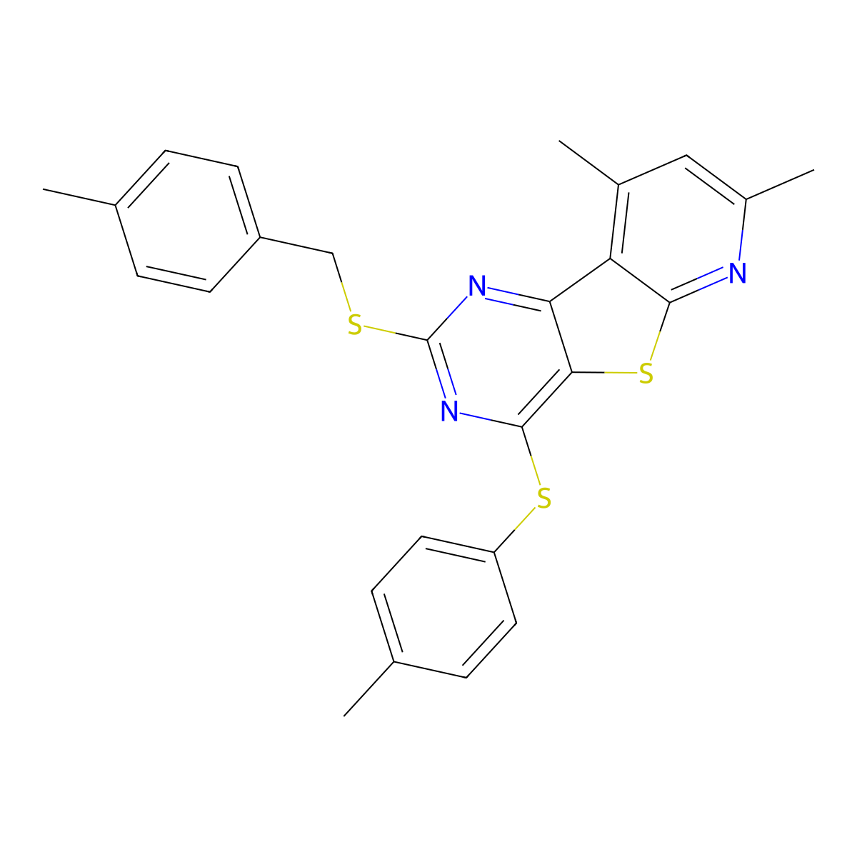 7,9-Dimethyl-2-[(4-methylbenzyl)sulfanyl]-4-[(4-methylphenyl)sulfanyl]pyrido[3',2':4,5]thieno[3,2-d]pyrimidine molecular structure, CAS 672950-72-0