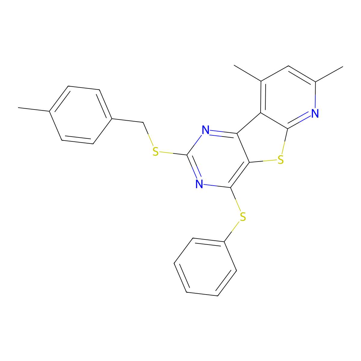 7,9-Dimethyl-2-[(4-methylbenzyl)sulfanyl]-4-(phenylsulfanyl)pyrido[3',2':4,5]thieno[3,2-d]pyrimidine molecular structure, CAS 672950-73-1