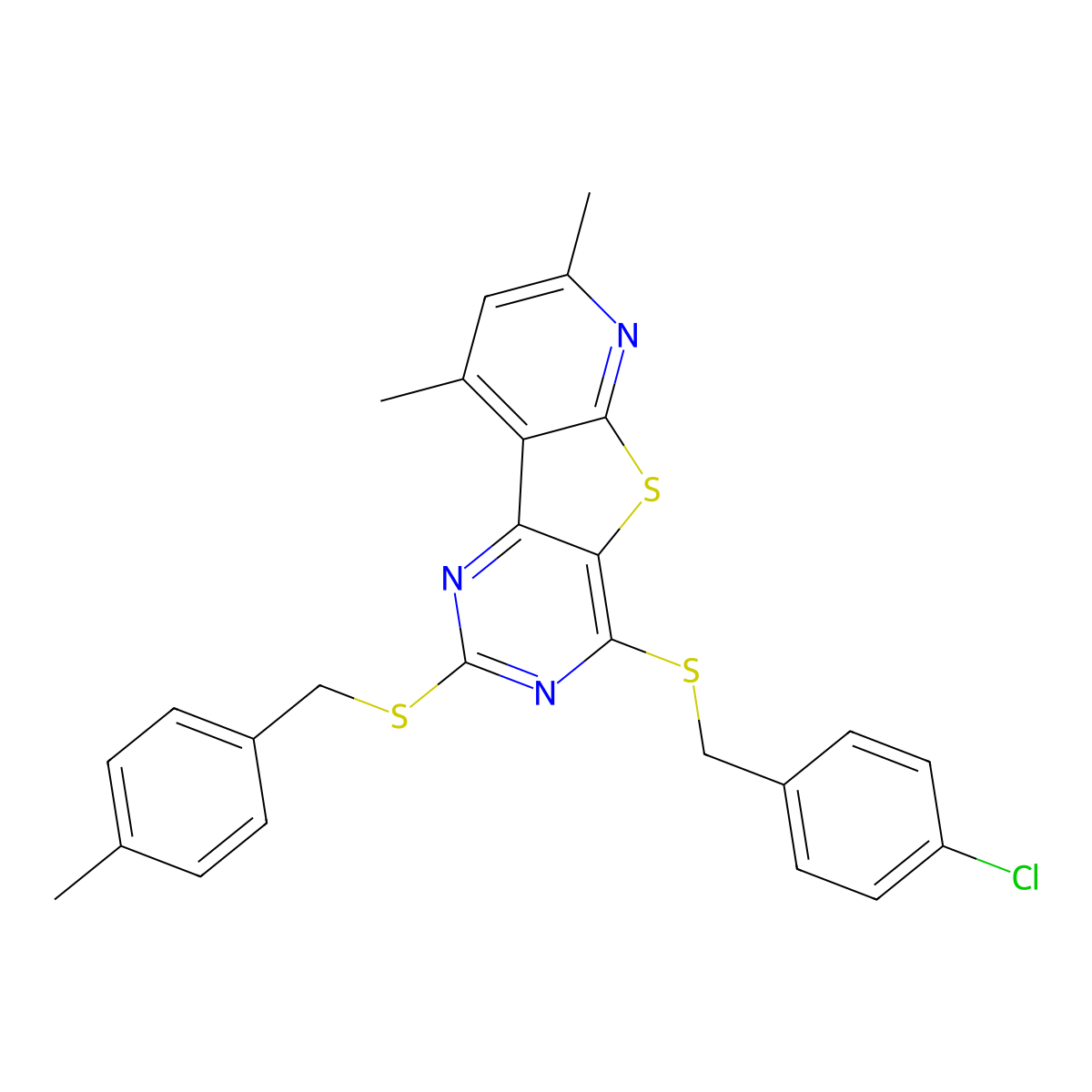 4-Chlorobenzyl 7,9-dimethyl-2-[(4-methylbenzyl)sulfanyl]pyrido[3',2':4,5]thieno[3,2-d]pyrimidin-4-yl sulfide molecular structure, CAS 672950-74-2