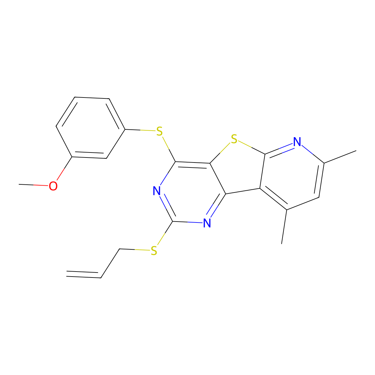 2-(Allylsulfanyl)-4-[(3-methoxyphenyl)sulfanyl]-7,9-dimethylpyrido[3',2':4,5]thieno[3,2-d]pyrimidine molecular structure, CAS 672950-77-5