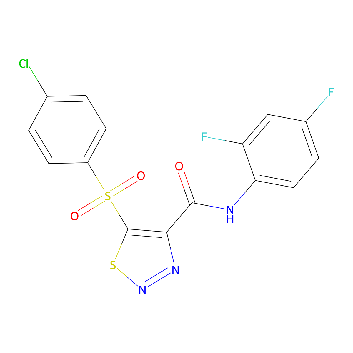 5-(4-chlorophenyl)sulfonyl-N-(2,4-difluorophenyl)thiadiazole-4-carboxamide molecular structure, CAS 672951-17-6