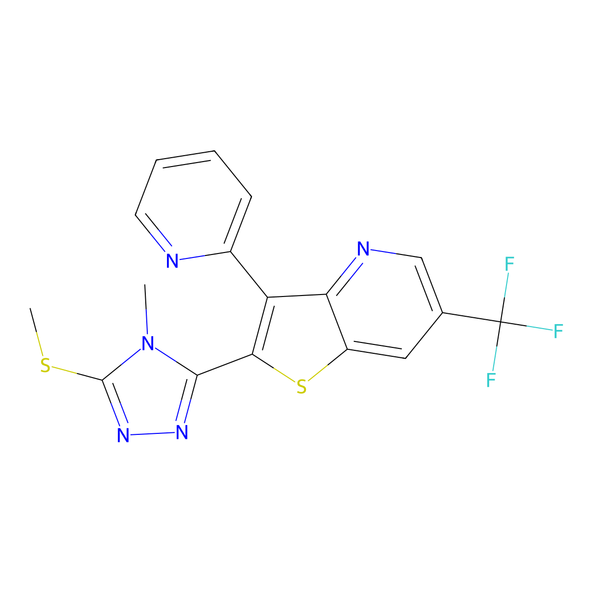 2-[4-methyl-5-(methylsulfanyl)-4H-1,2,4-triazol-3-yl]-3-(2-pyridinyl)-6-(trifluoromethyl)thieno[3,2-b]pyridine molecular structure, CAS 672951-26-7