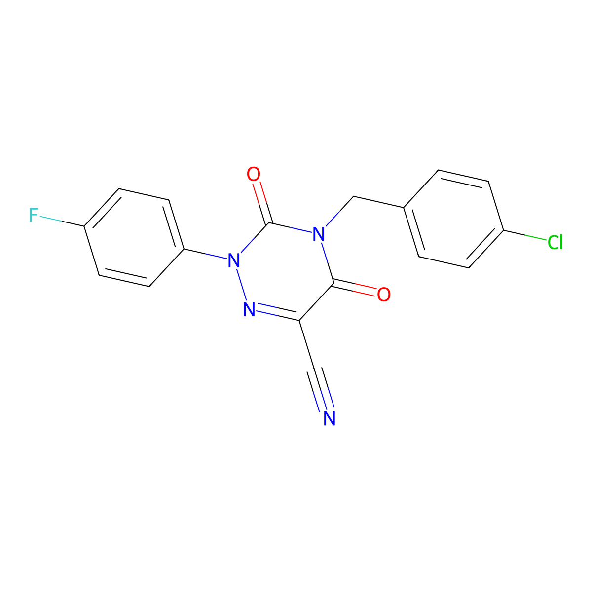 4-(4-Chlorobenzyl)-2-(4-fluorophenyl)-3,5-dioxo-2,3,4,5-tetrahydro-1,2,4-triazine-6-carbonitrile molecular structure, CAS 672951-28-9