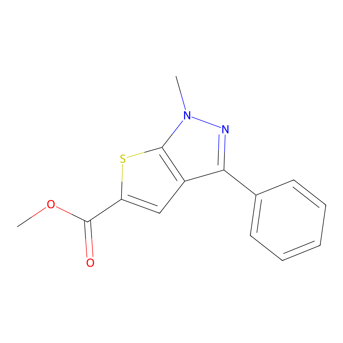 methyl 1-methyl-3-phenyl-1H-thieno[2,3-c]pyrazole-5-carboxylate molecular structure, CAS 672951-51-8