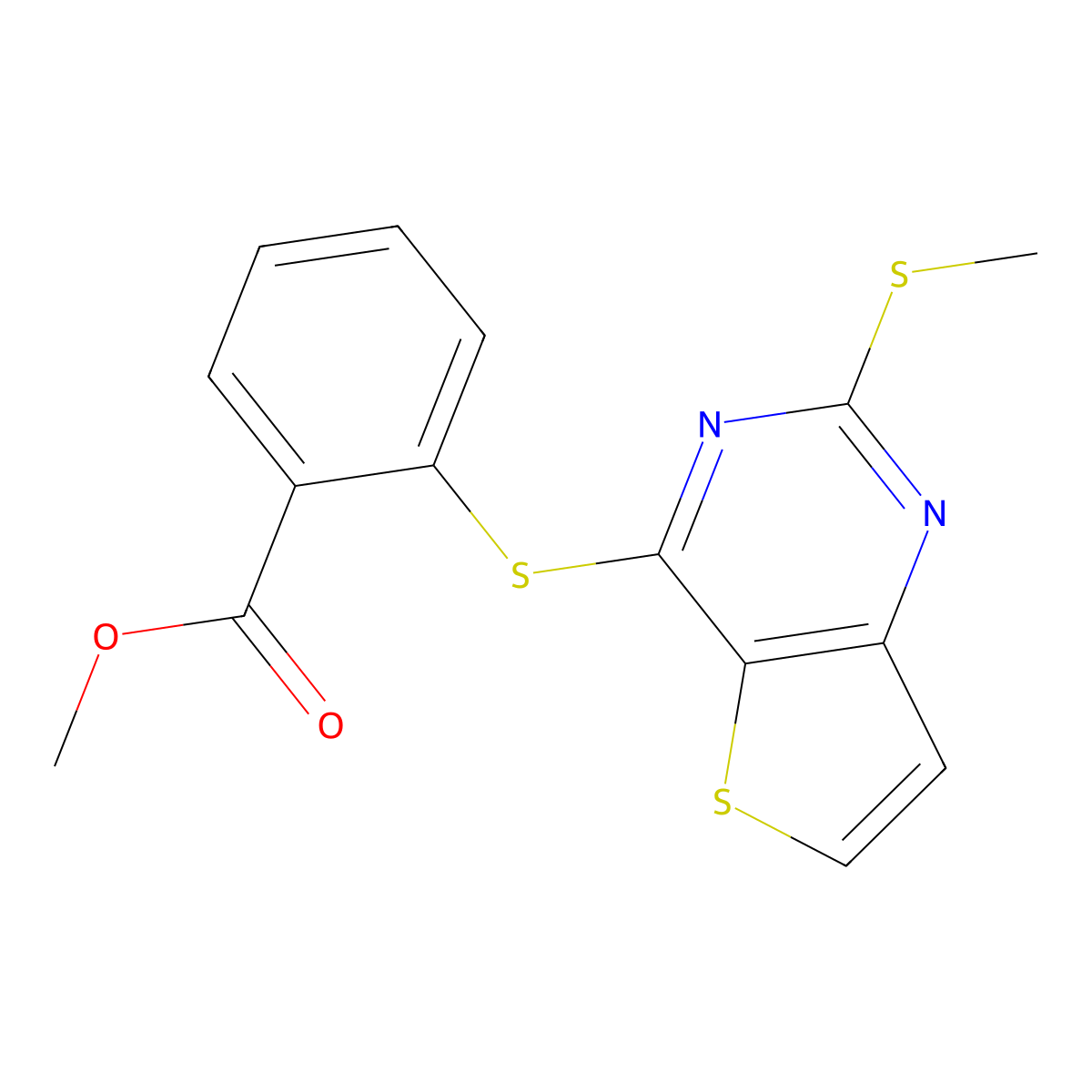 Methyl 2-{[2-(methylsulfanyl)thieno[3,2-d]pyrimidin-4-yl]sulfanyl}benzenecarboxylate molecular structure, CAS 672951-72-3