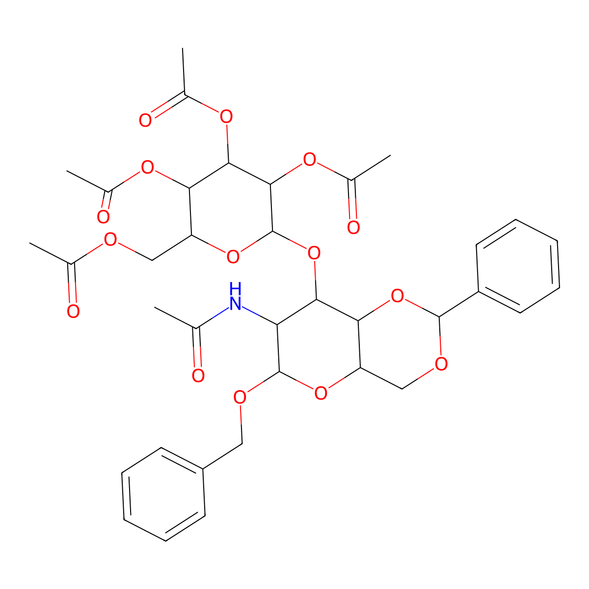Benzyl 2-acetamido-4,6-O-benzylidene-3-O-(2,3,4,6-tetra-O-acetyl-b-D-galactopyranosyl)-2-deoxy-a-D-glucopyranoside molecular structure, CAS 67313-30-8