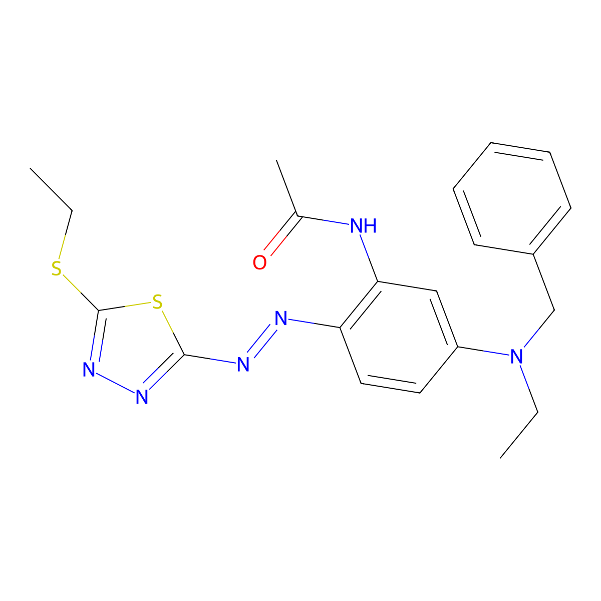 Acetamide, N-(5-(ethyl(phenylmethyl)amino)-2-(2-(5-(ethylthio)-1,3,4-thiadiazol-2-yl)diazenyl)phenyl)- molecular structure, CAS 67338-62-9